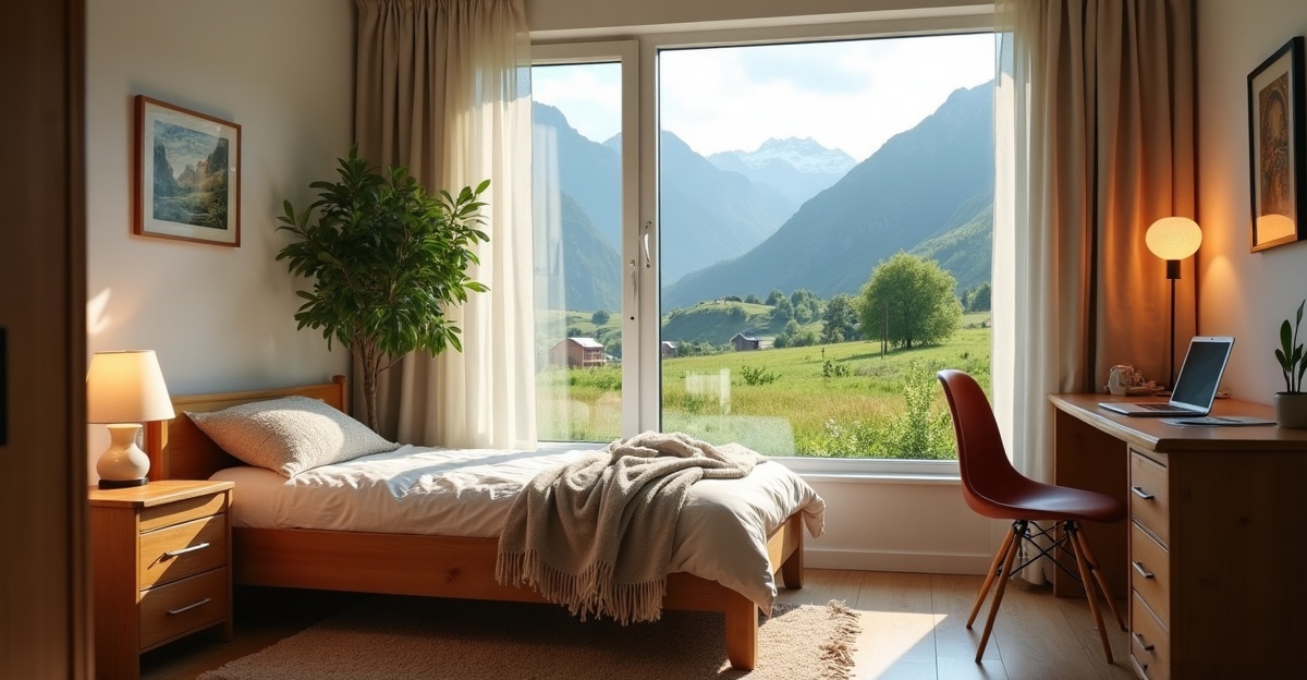 WG in Österreich: gemütliches Zimmer in einer Wohngemeinschaft mit Blick auf die Alpen
